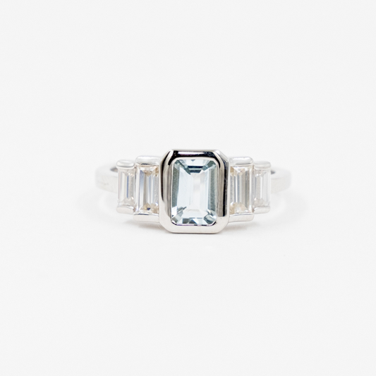 Anillo Aguamarina y Moissanitas Art Deco