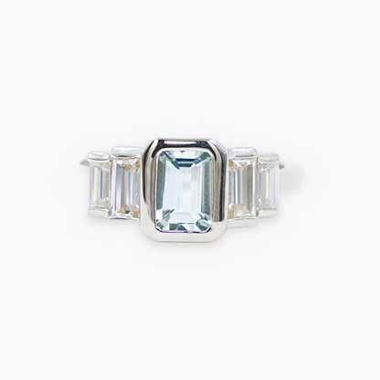 Anillo Aguamarina y Moissanitas Art Deco