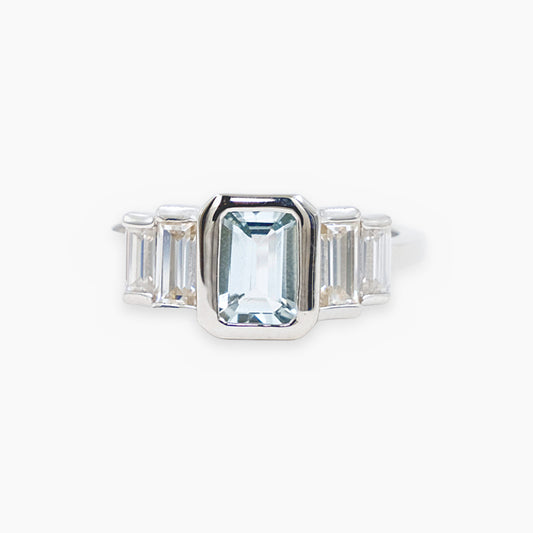 Anillo Aguamarina y Moissanitas Art Deco