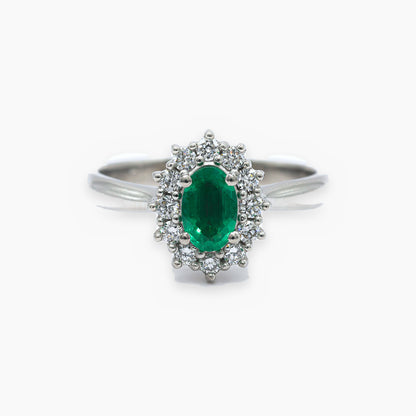 Anillo roseta de platino con esmeralda y diamantes