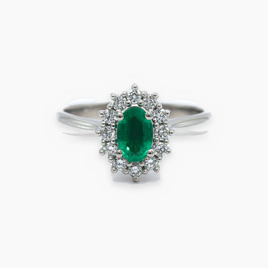 Anillo roseta de platino con esmeralda y diamantes