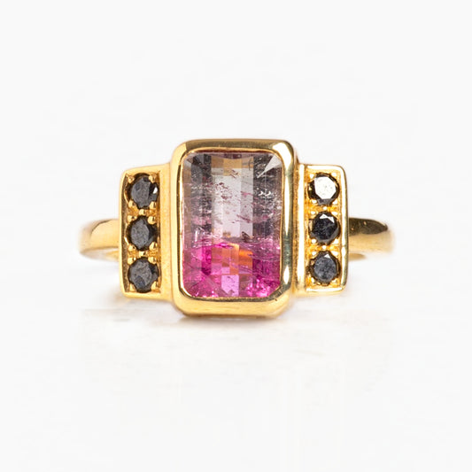 Anillo Turmalina Bicolor y Diamantes Negros en oro 18 - TIARA
