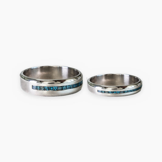 Argolla Platino y Diamantes Azules - par de argollas hombre y mujer TIARA